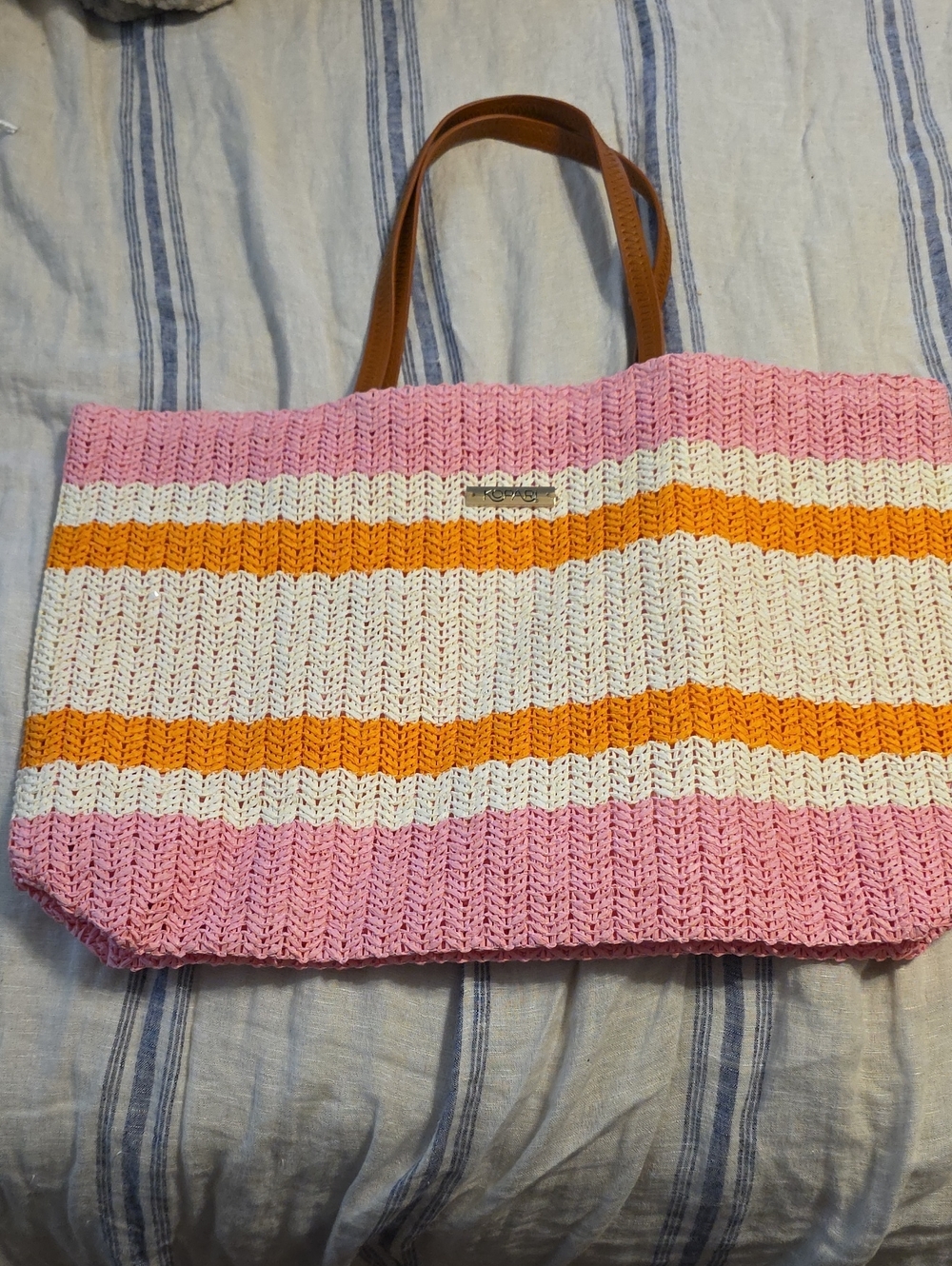 Kopari Pink, Orange & White Striped Woven Tote with Tan Handles